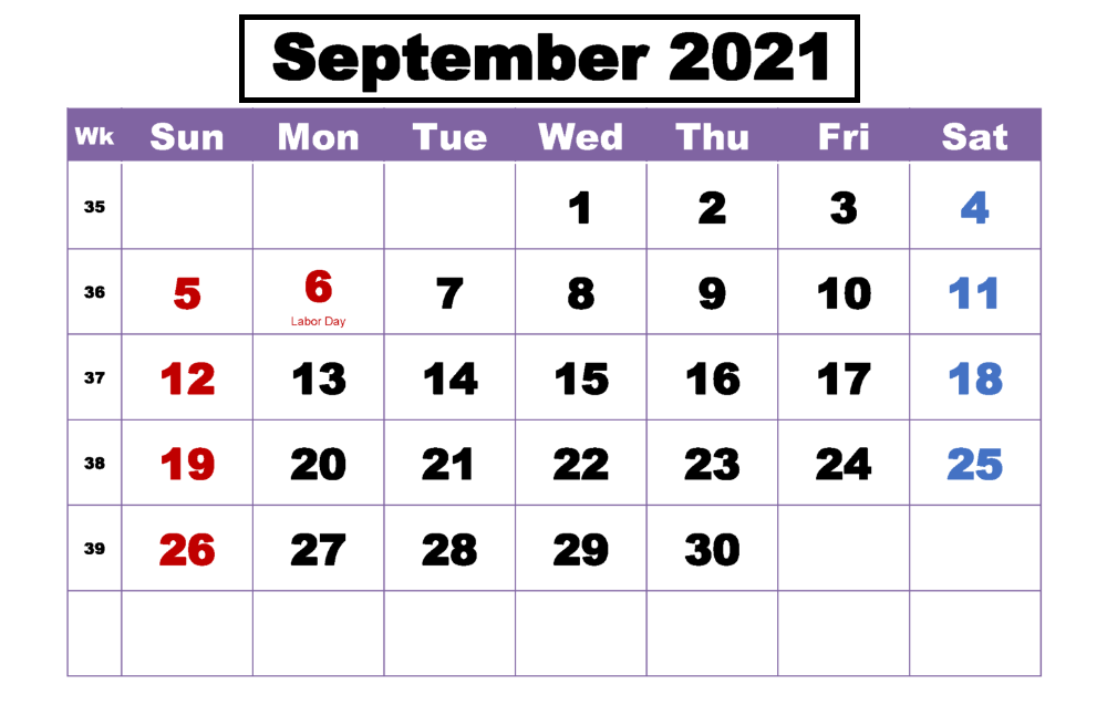 September Calendar 2021 Labour Day