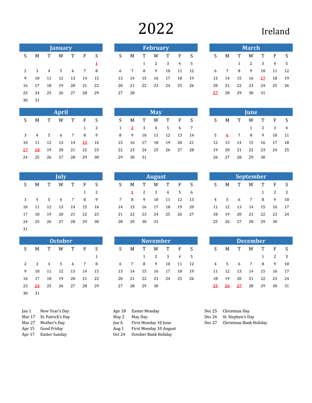 2022 Calendar with Holidays Printable