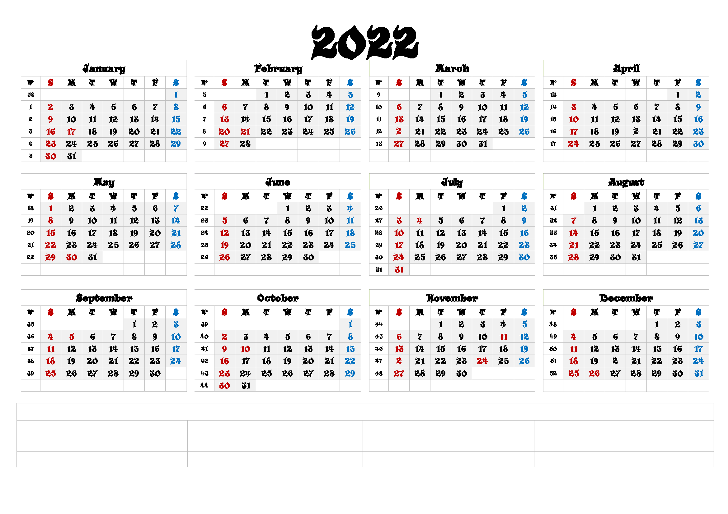 2022 Calendar with Holidays USA Printable