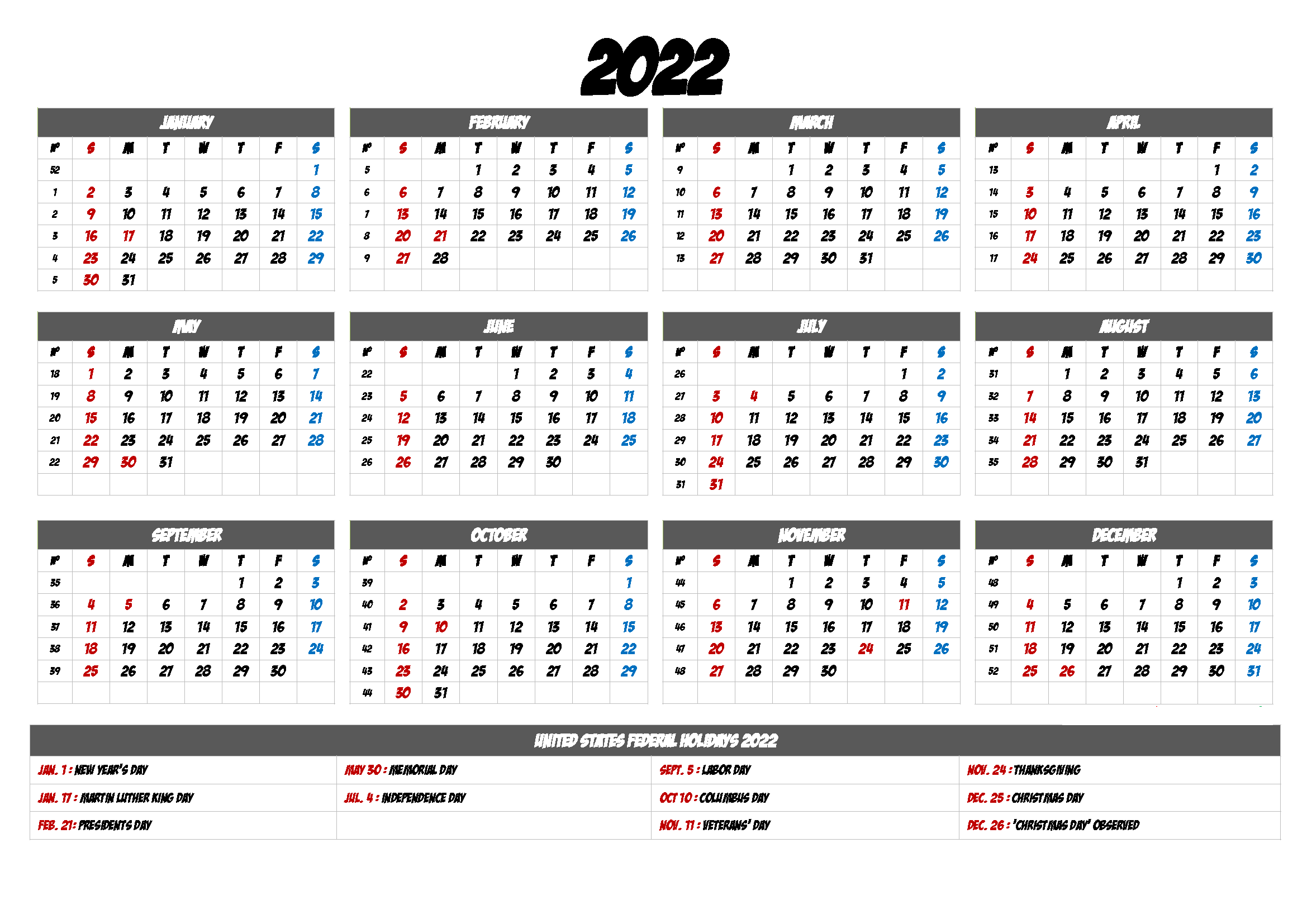 2022 Google Sheet Calendar Template