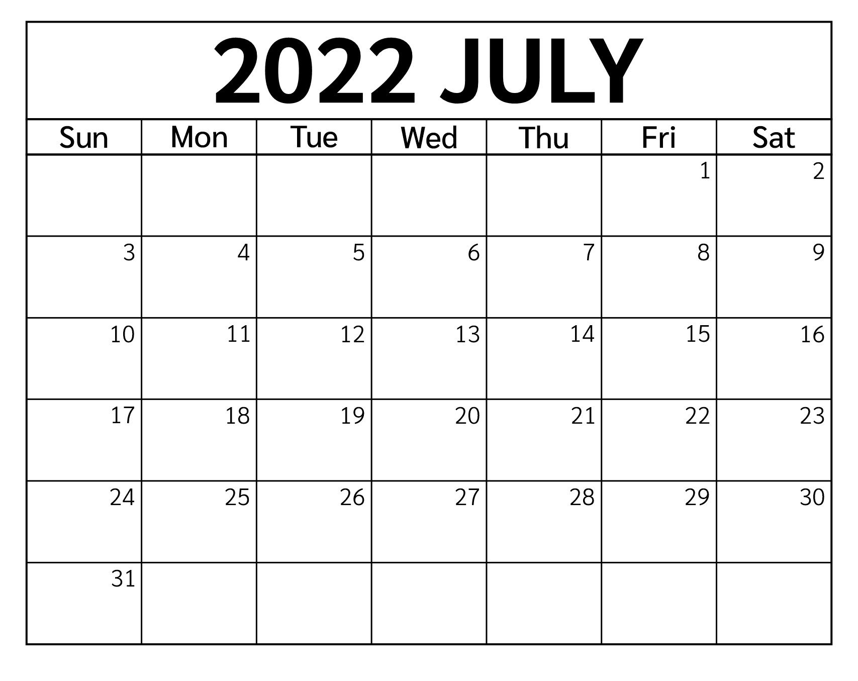 Printable July 2022 Calendar