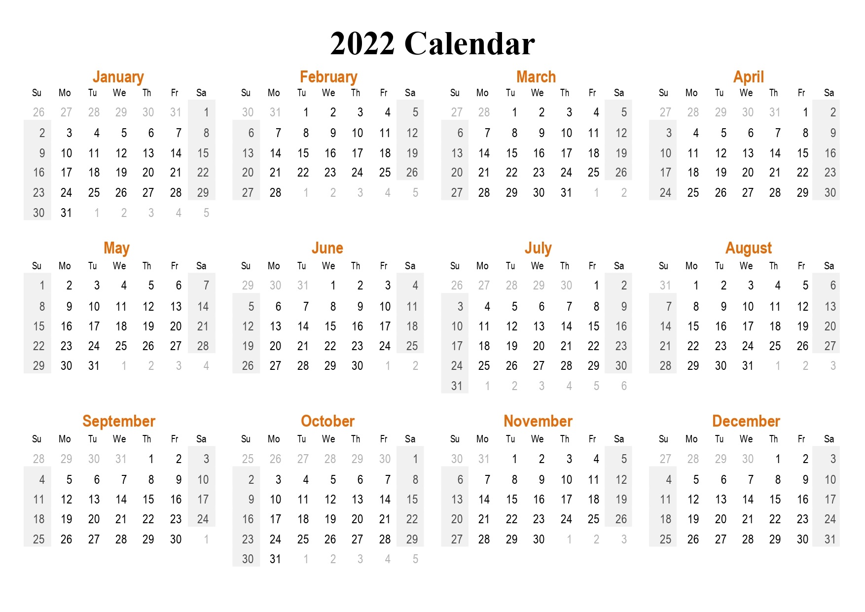 2022 Monthly Calendar