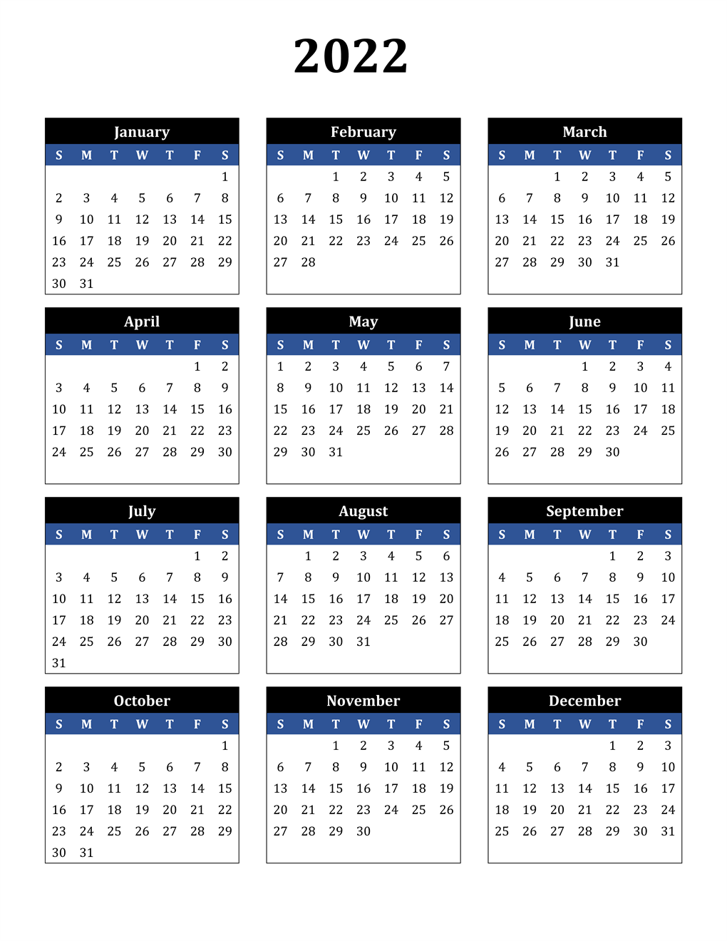 2022 Printable Calendar One Page Download