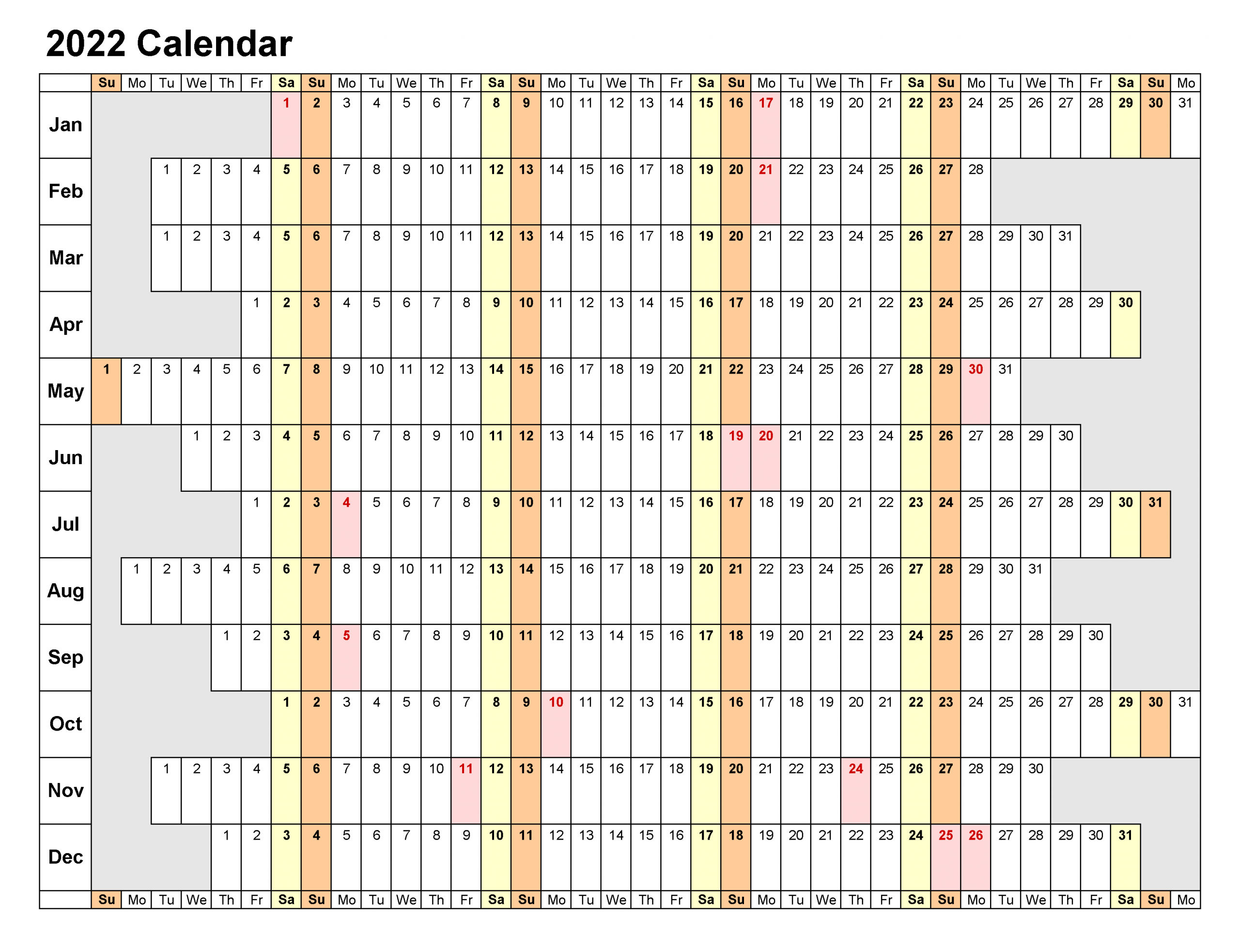 2022 Printable Calendar One Page Excel