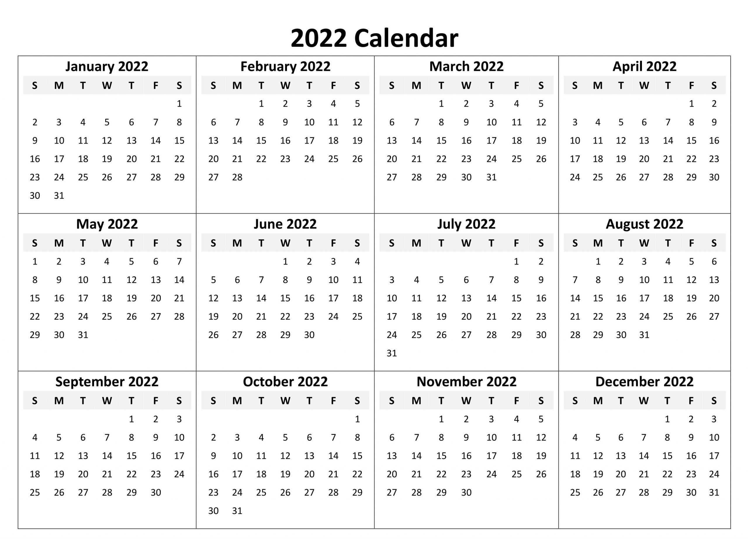 2022 Printable Calendar One Page Free