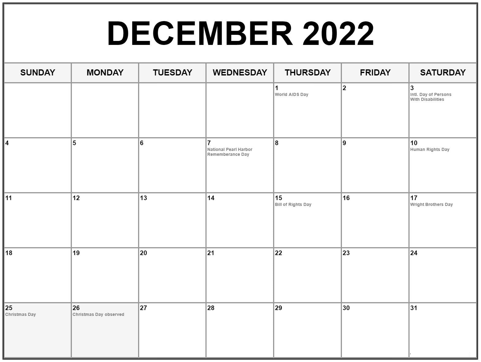 2022 Printable Calendar One Page Holidays