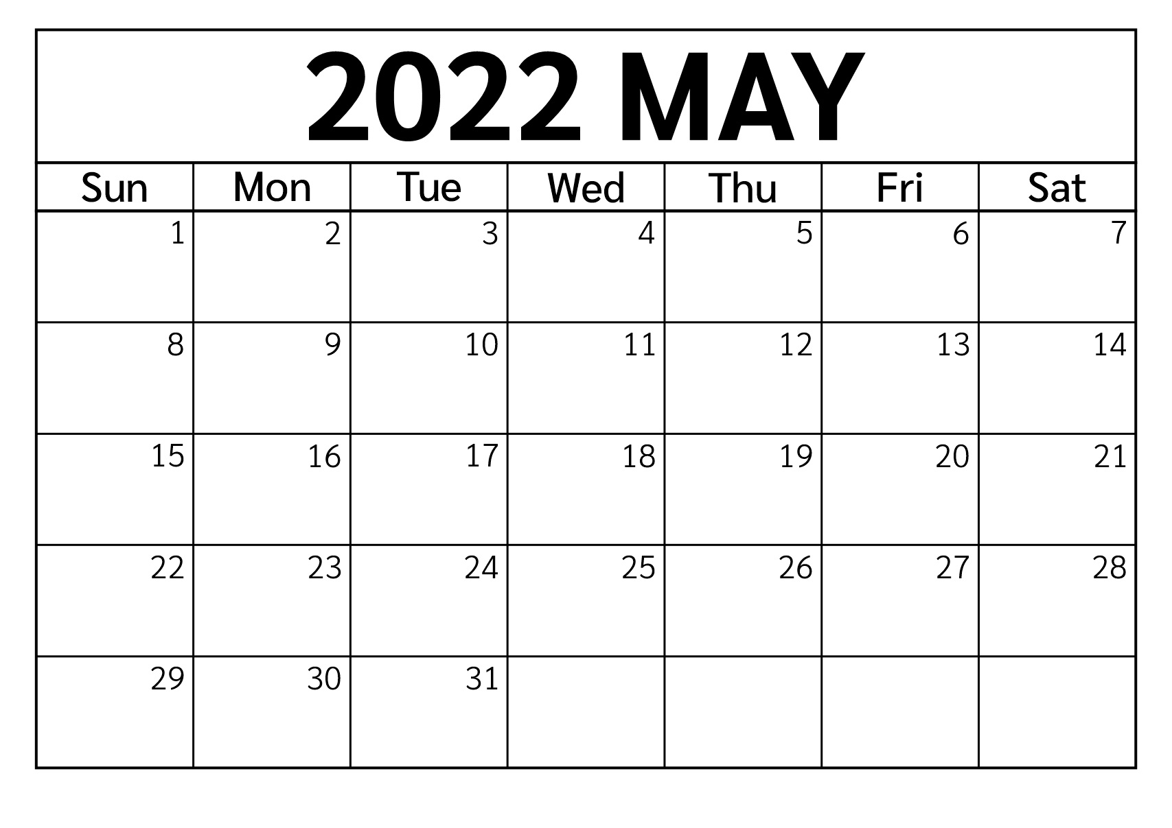 Printable May 2022 Calendar