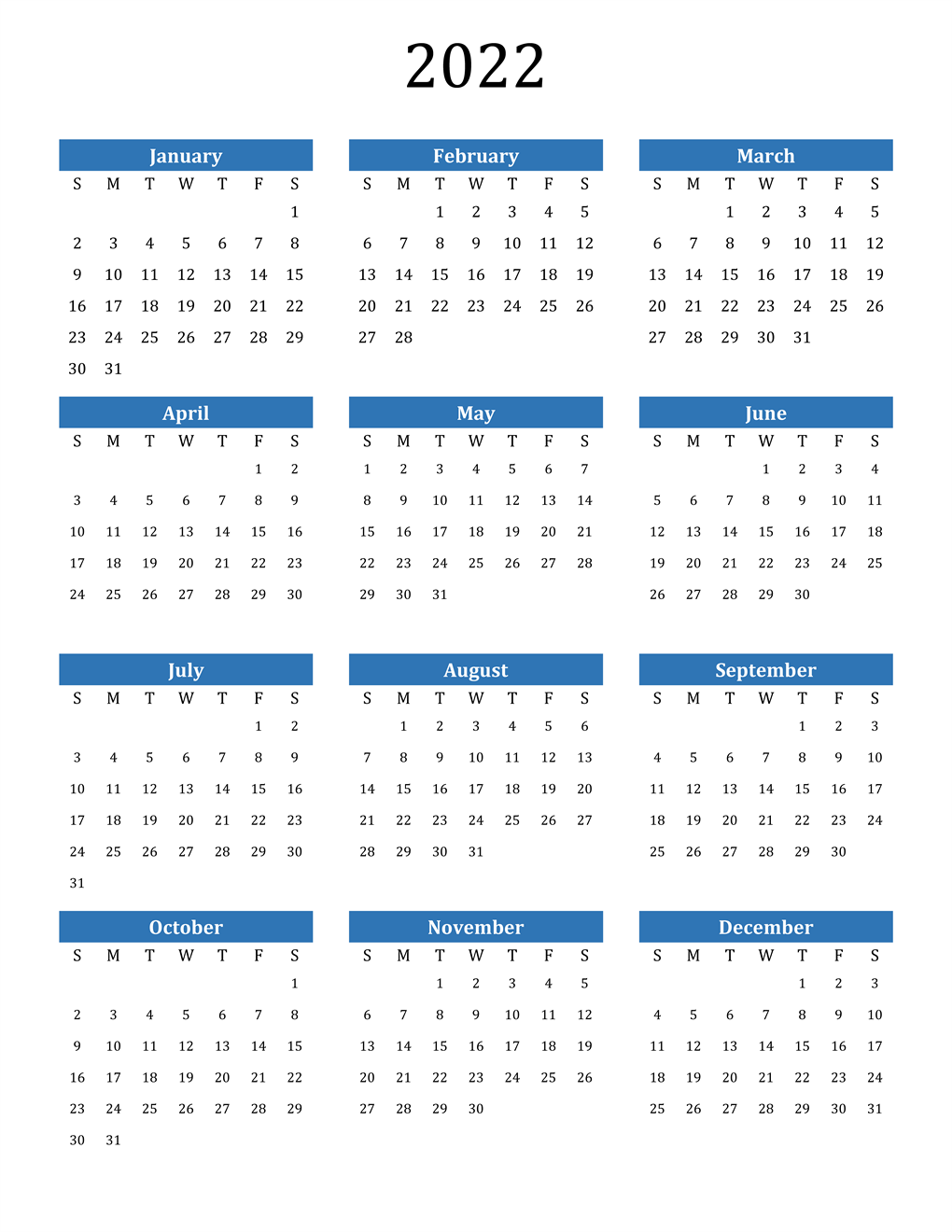 2022 Printable Calendar One Page Vertical