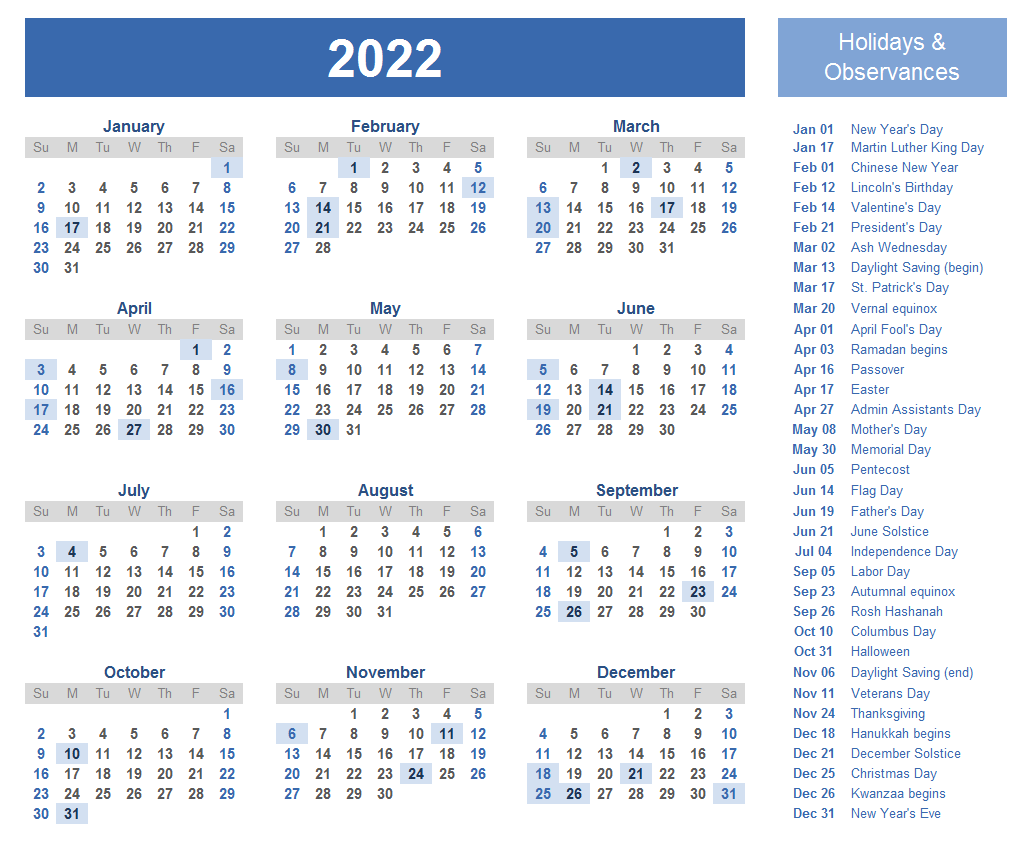 2022 Printable Calendar One Page