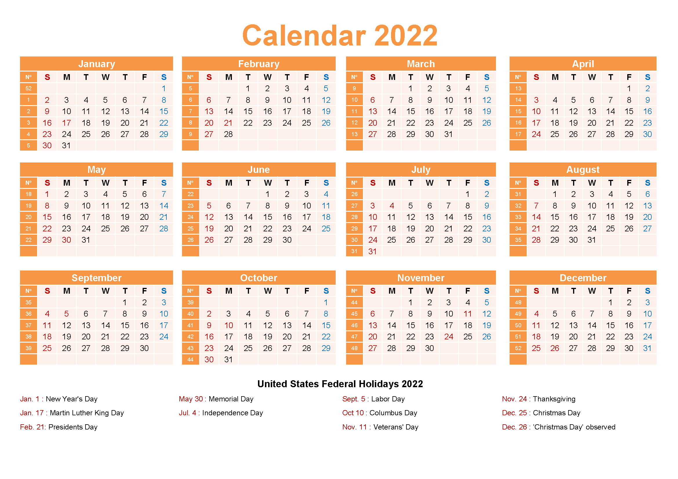 2022 editable calendar excel