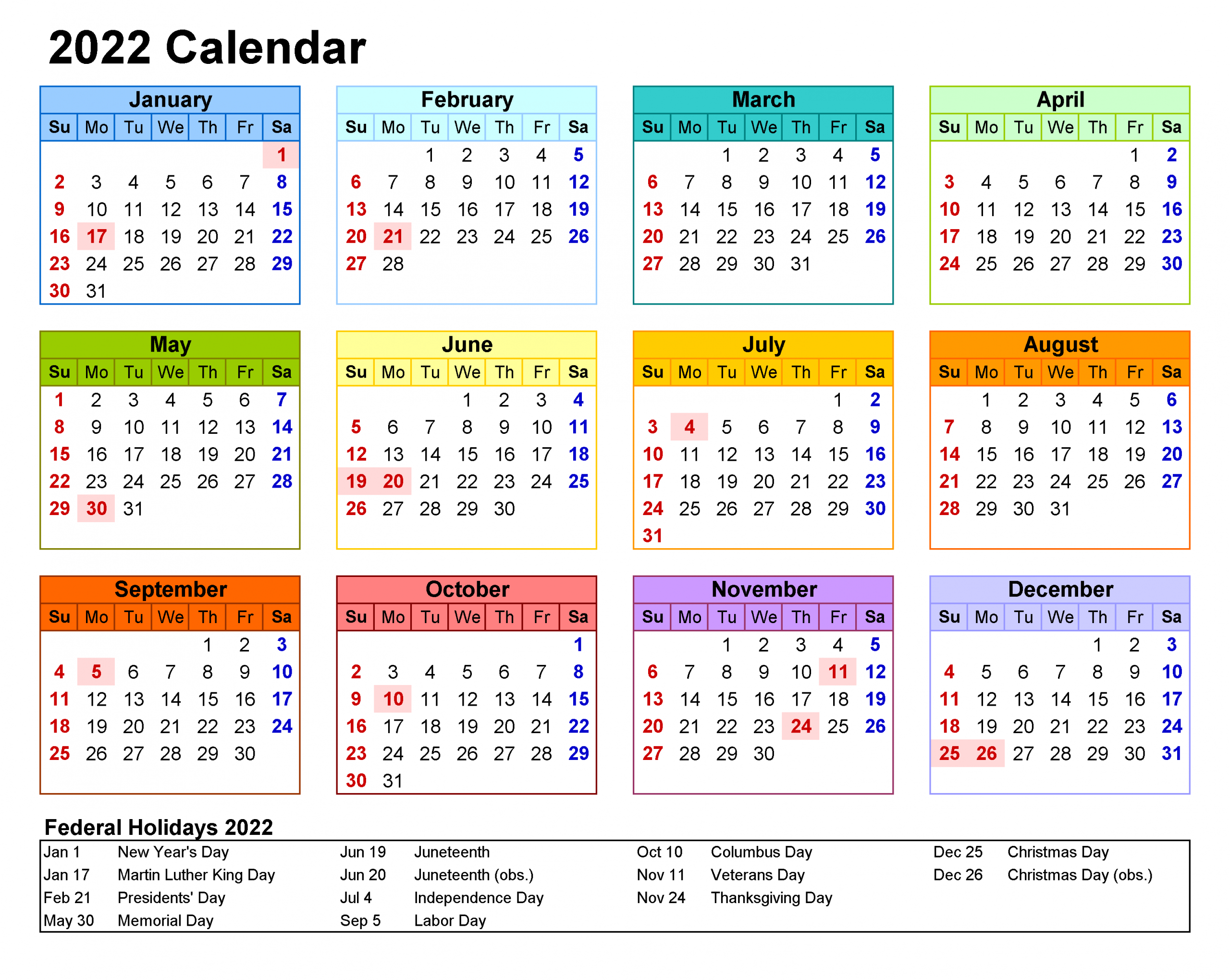 Blank Printable 2022 Calendar