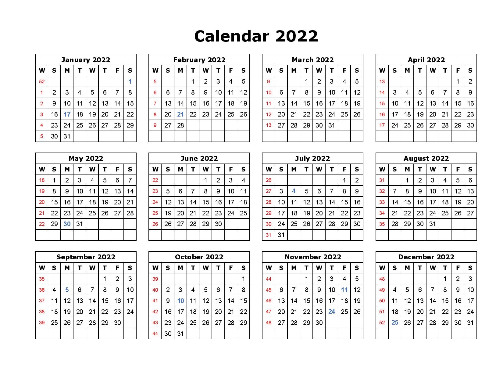 Free Printable 2022 Calendar Templates