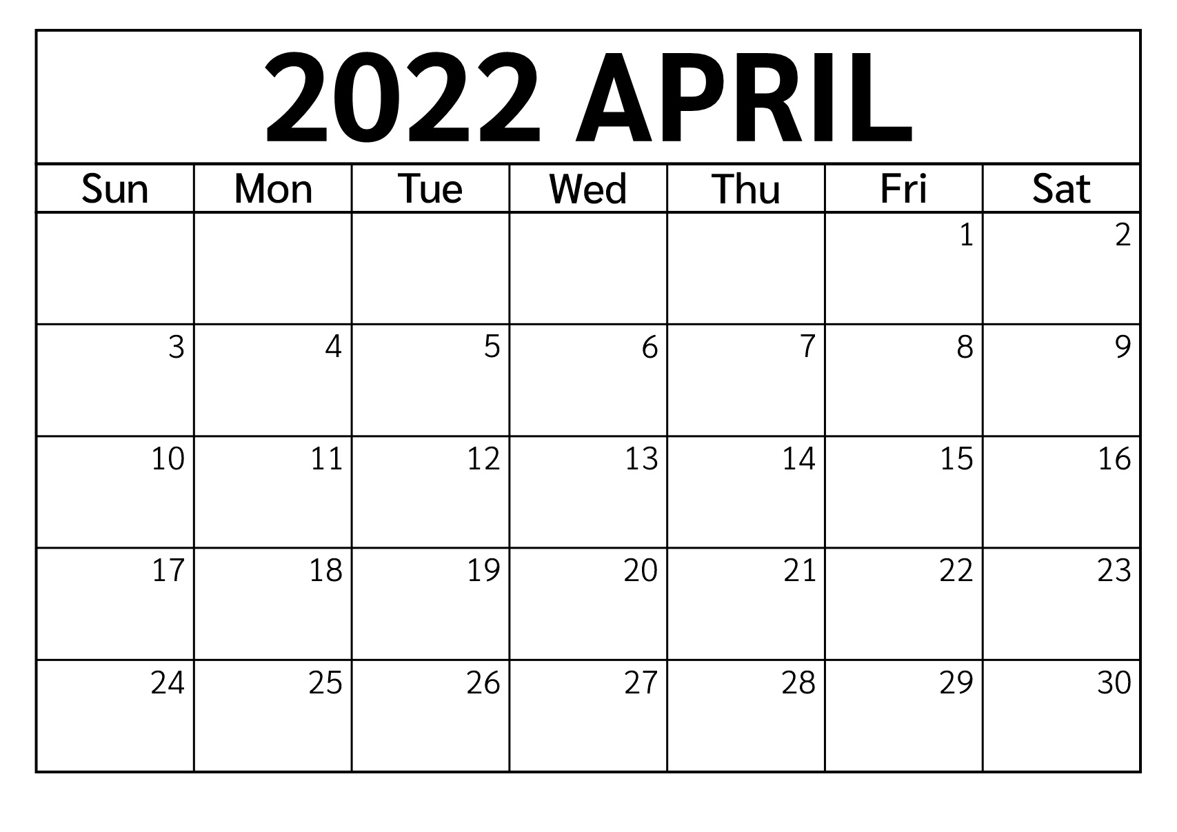 Printable April 2022 Calendar