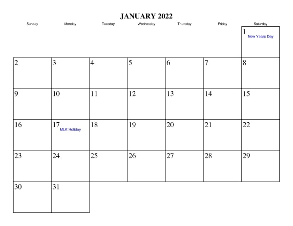 2022 January Calendar Malayalam