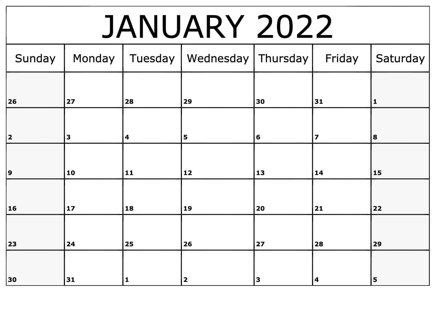 2022 January Calendar With Holidays
