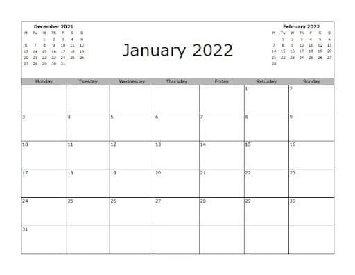 2022 January Month Calendar