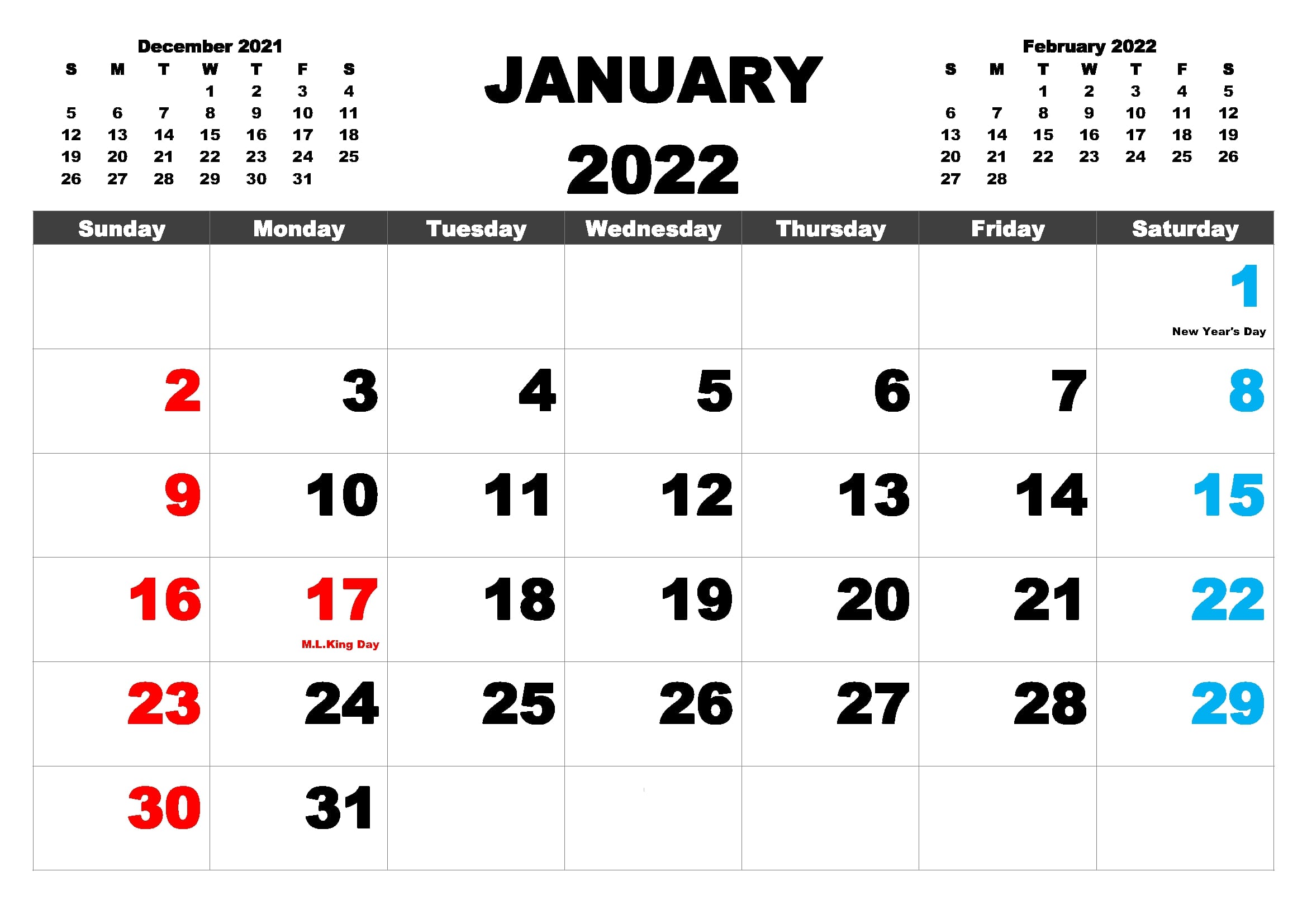 Calendar January 2022 Canada