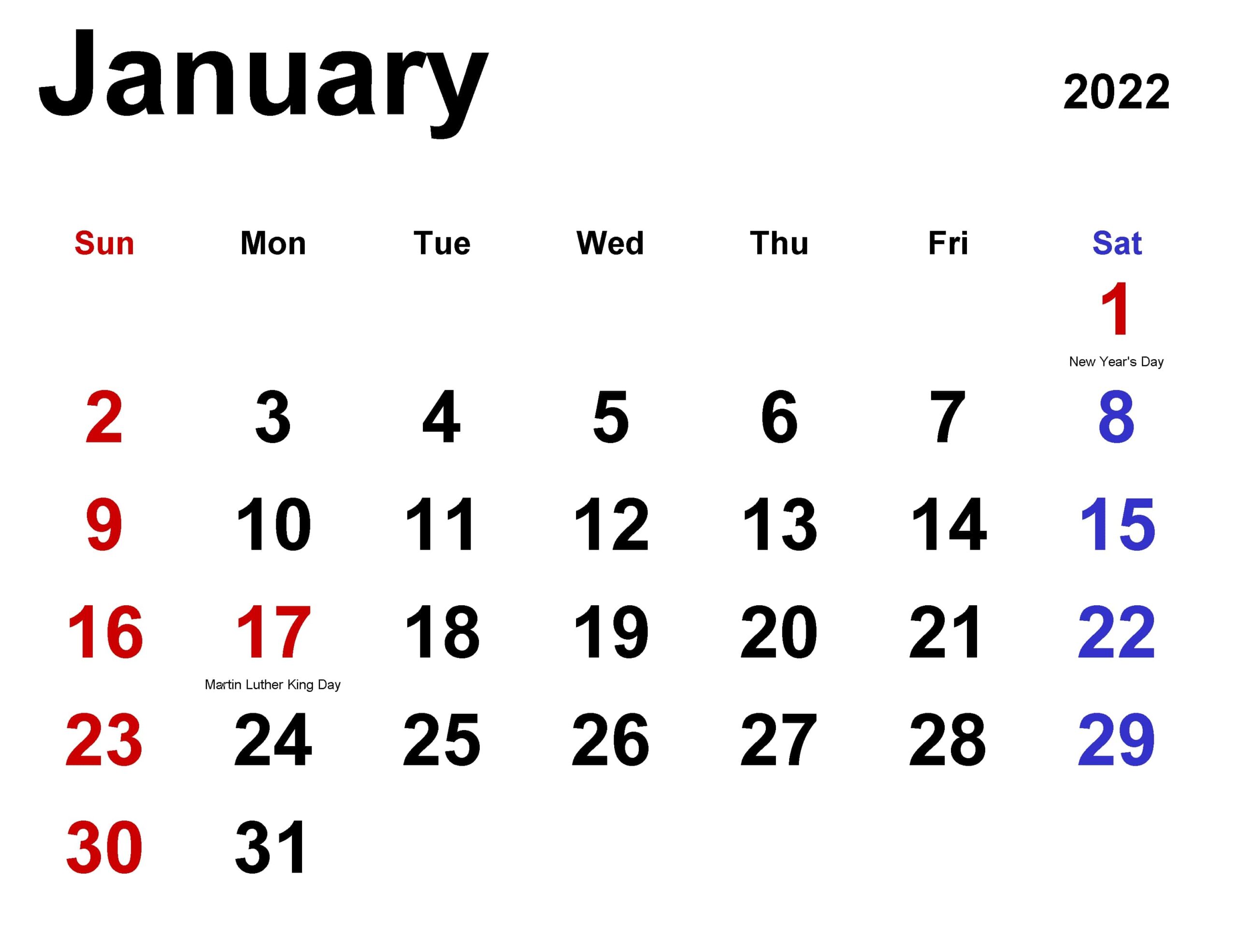Calendar January 2022 Printable