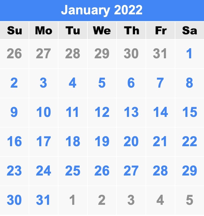 Calendar January 2022 UK