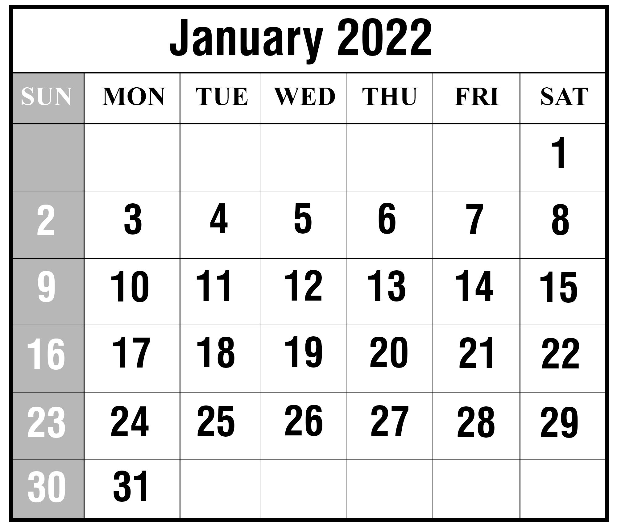 Calendar January 2022 With Holidays