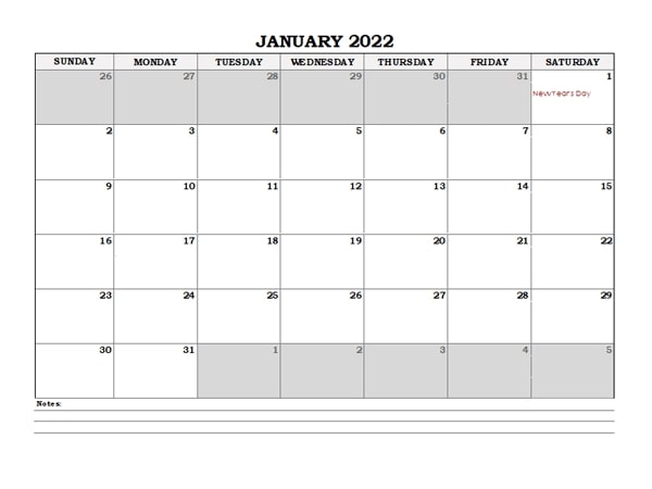 Free Printable Calendar 2022 January