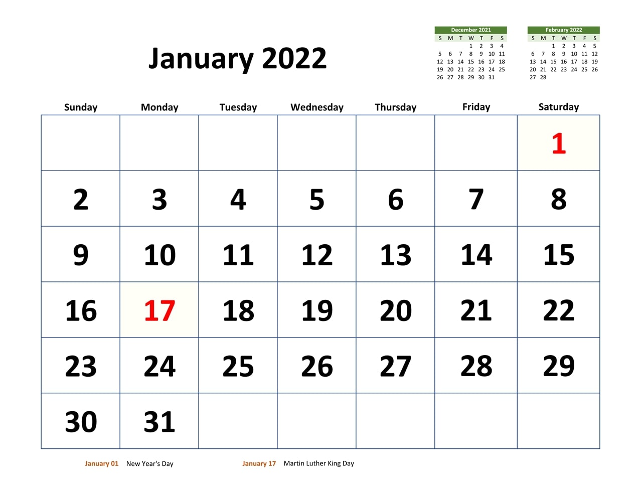 Monthly Calendar 2022 January