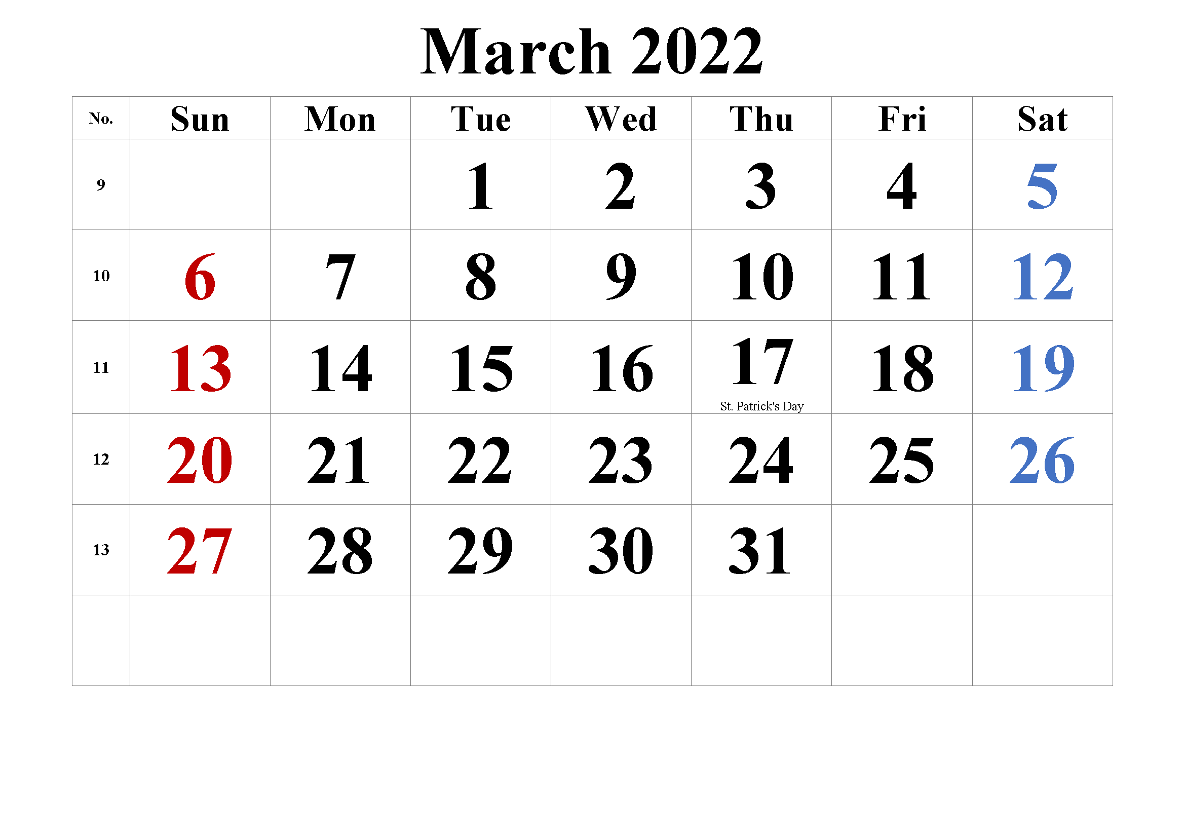 2022 Blank March Calendar
