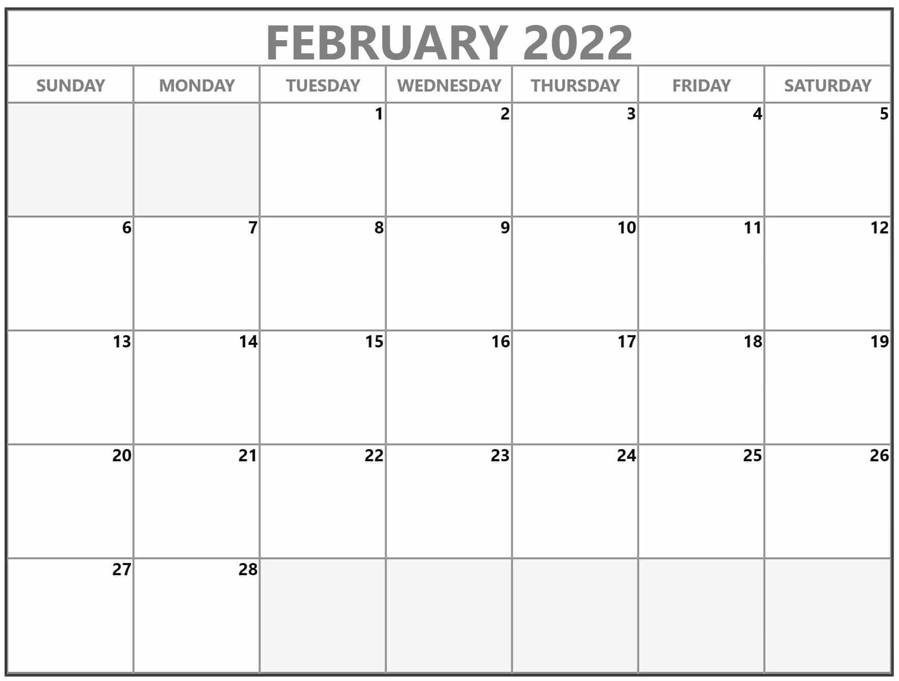 2022 February Calendar Blank