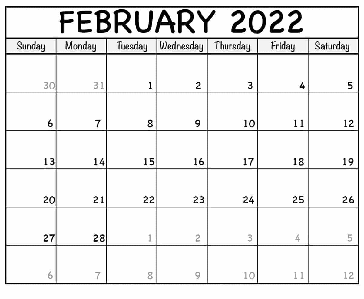 2022 February Calendar Days