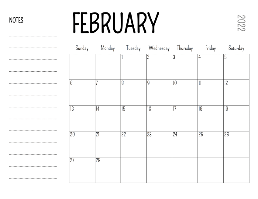 2022 February Calendar With Notes