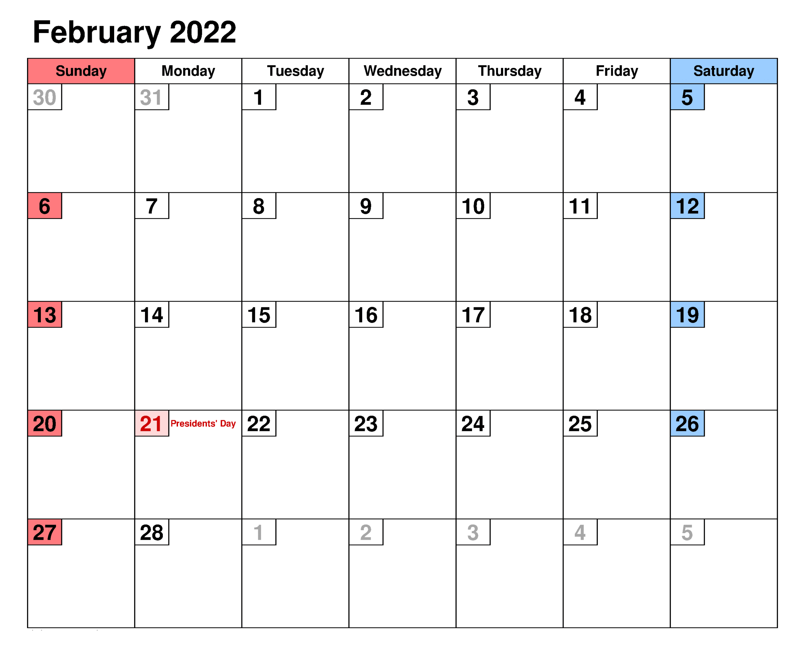 2022 February Month Calendar