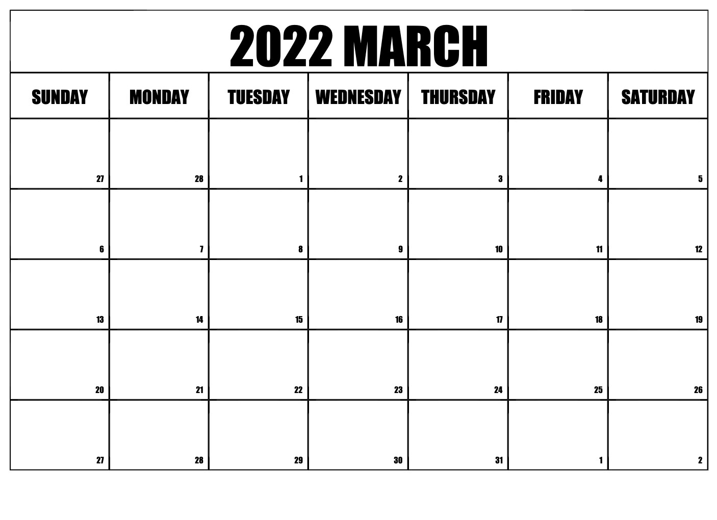 2022 March Calendar Blank Printable