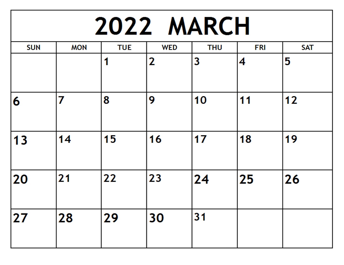 2022 March Calendar Download PDF