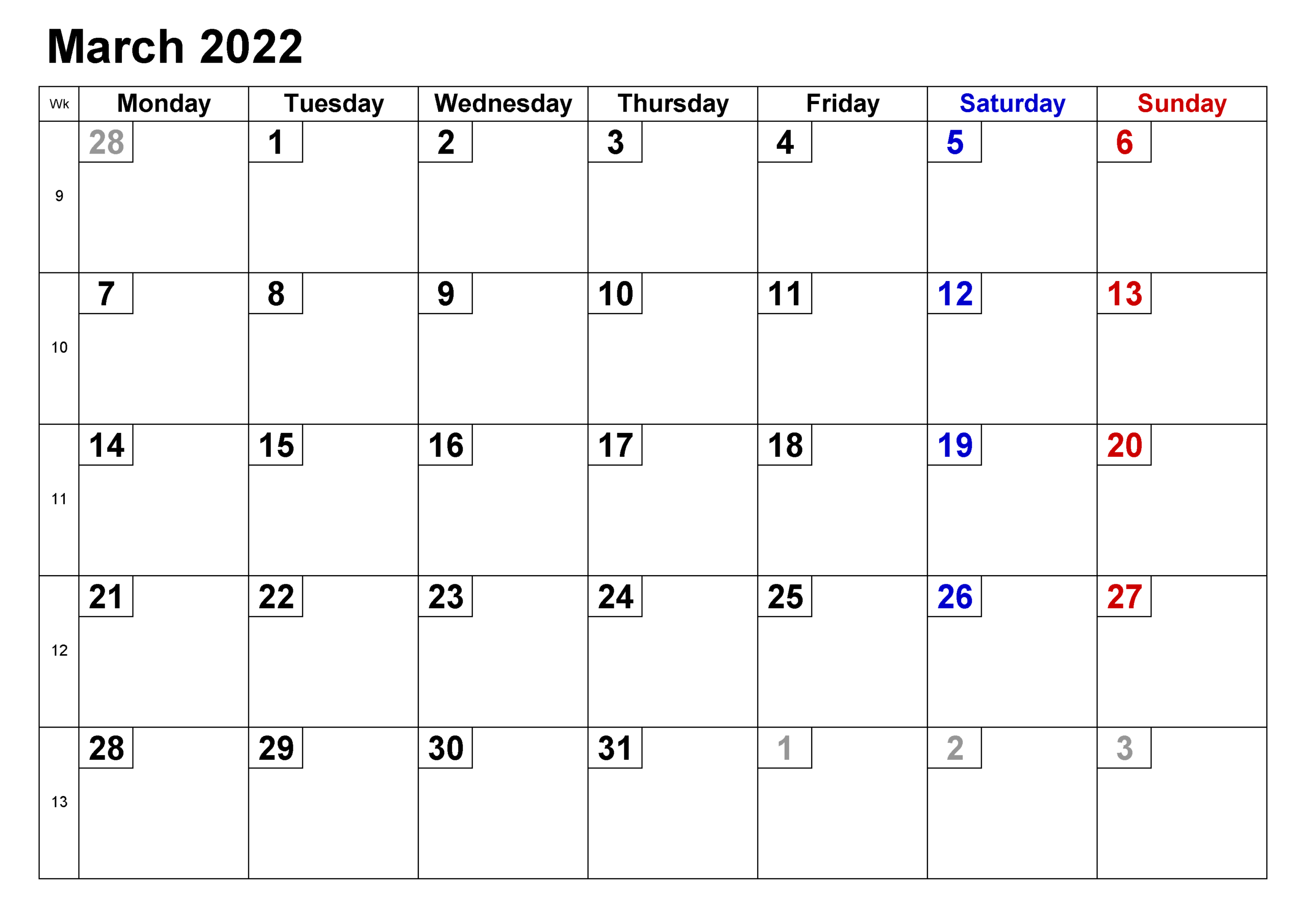 2022 March Calendar