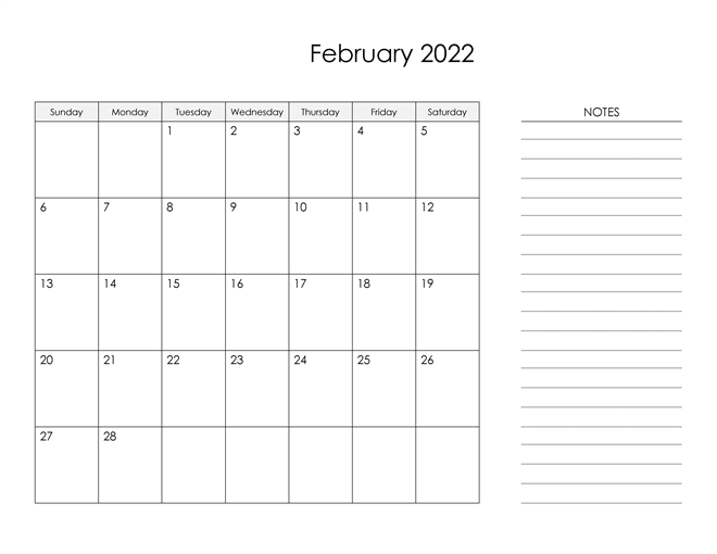 Blank February 2022 Printable Calendar