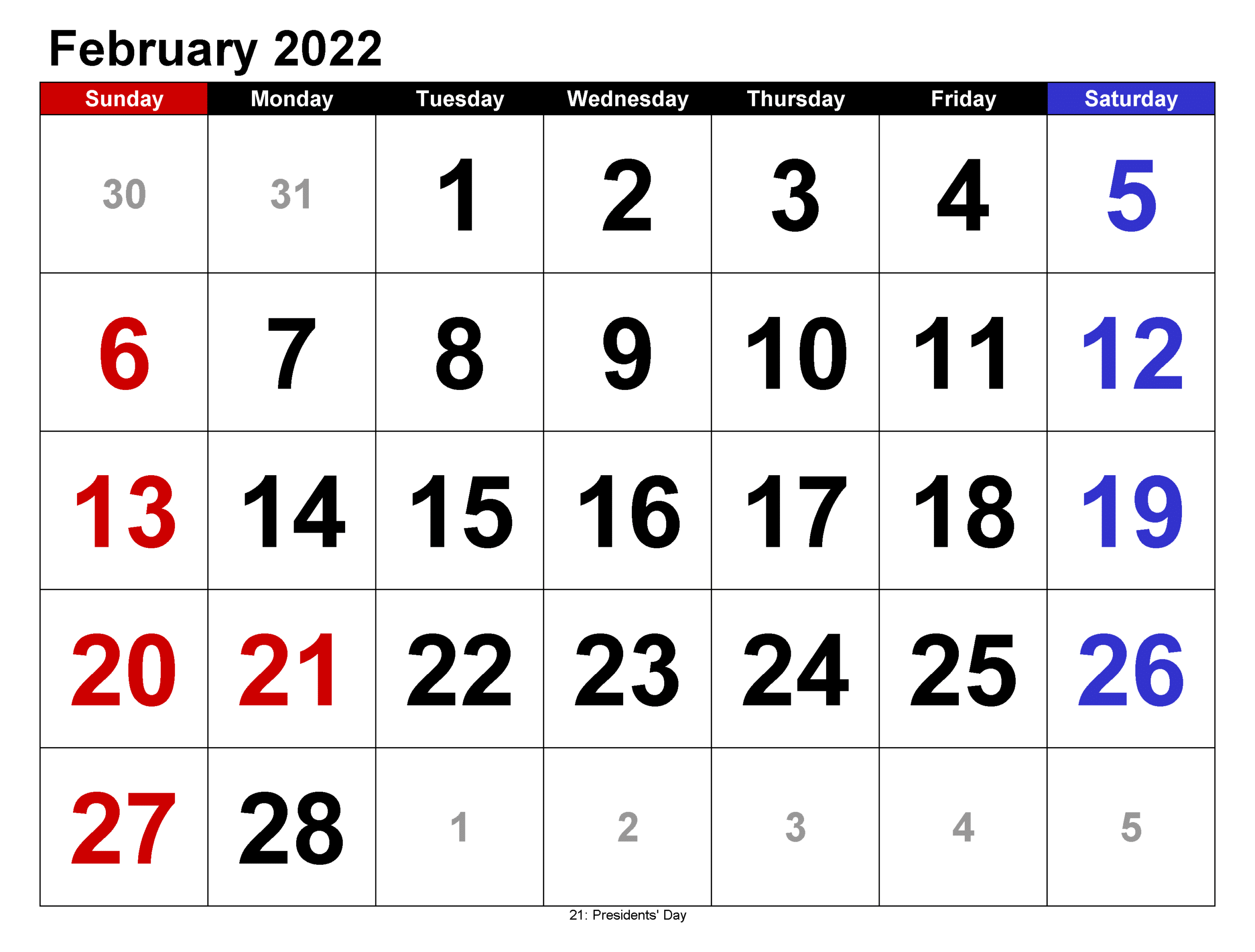 Calendar 2022 February Month