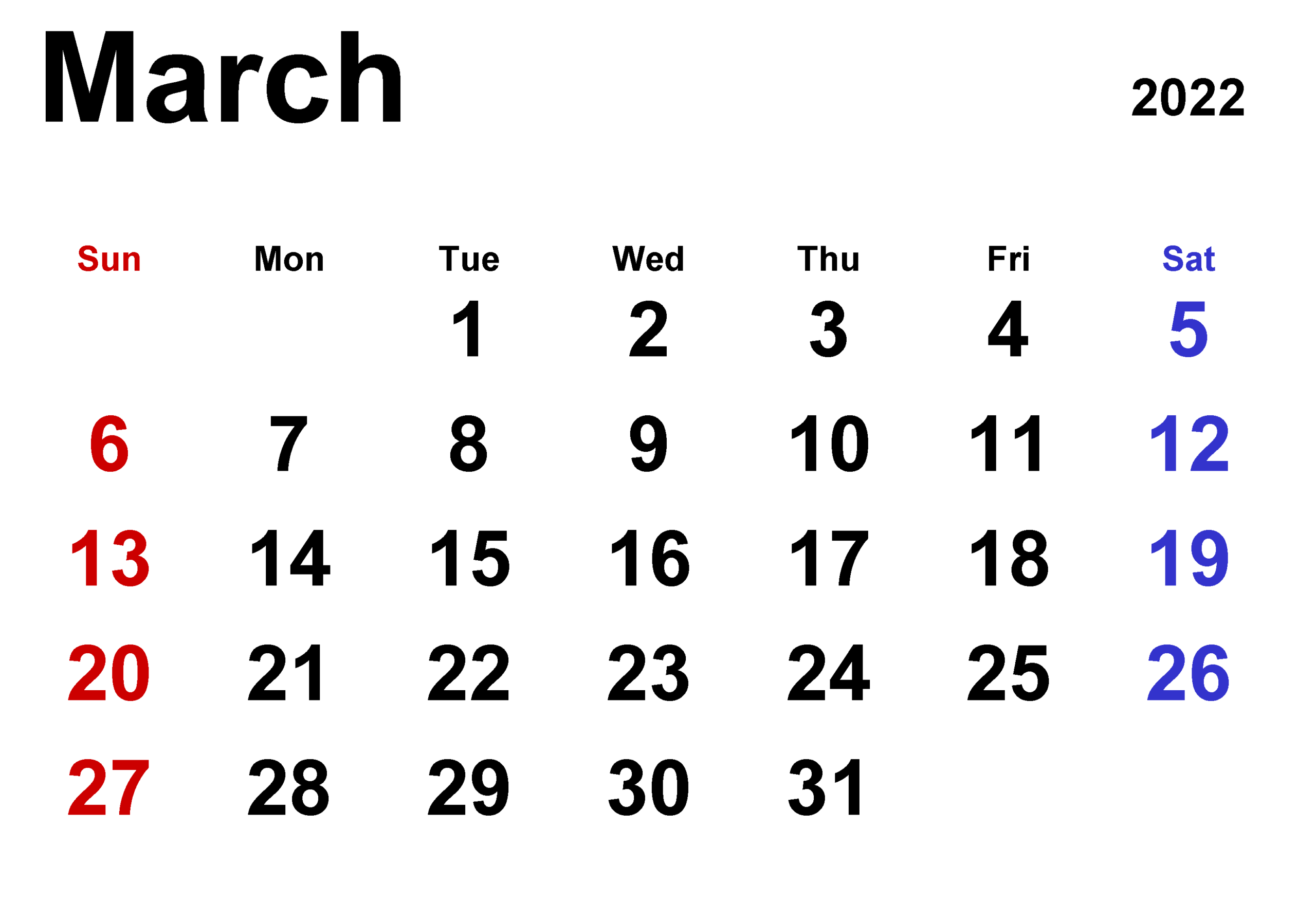 Calendar 2022 March Excel