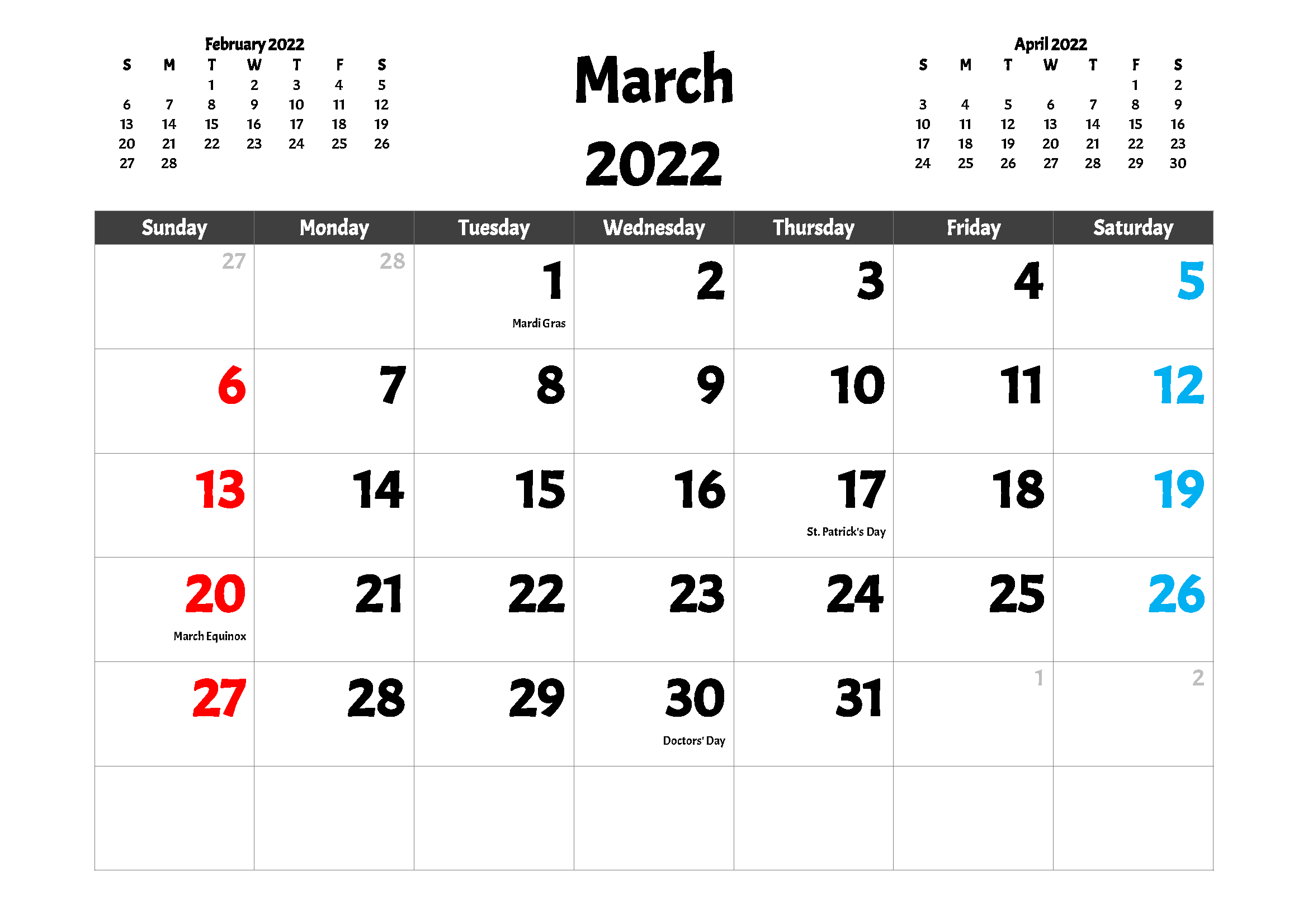 Calendar 2022 March With Festivals