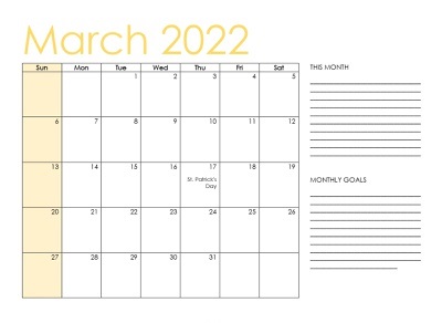 Calendar 2022 March With Notes