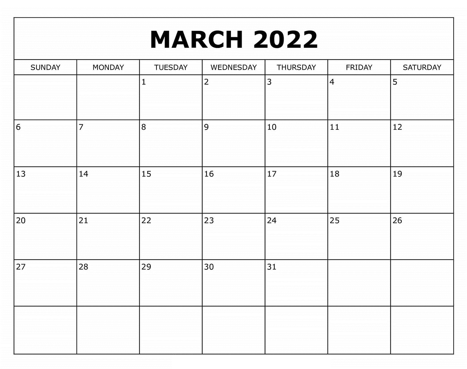 Calendar 2022 March Word