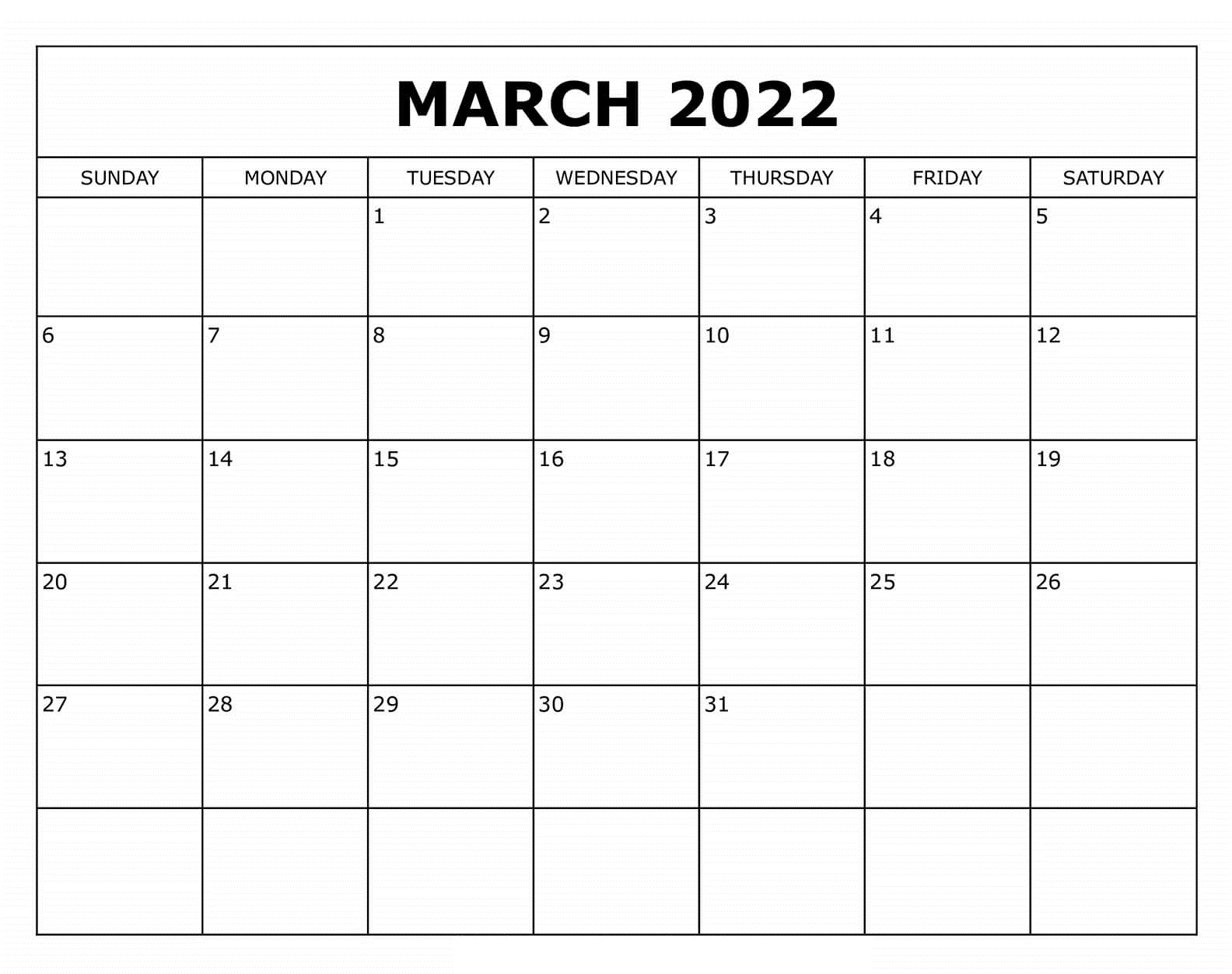 Calendar 2022 March Word