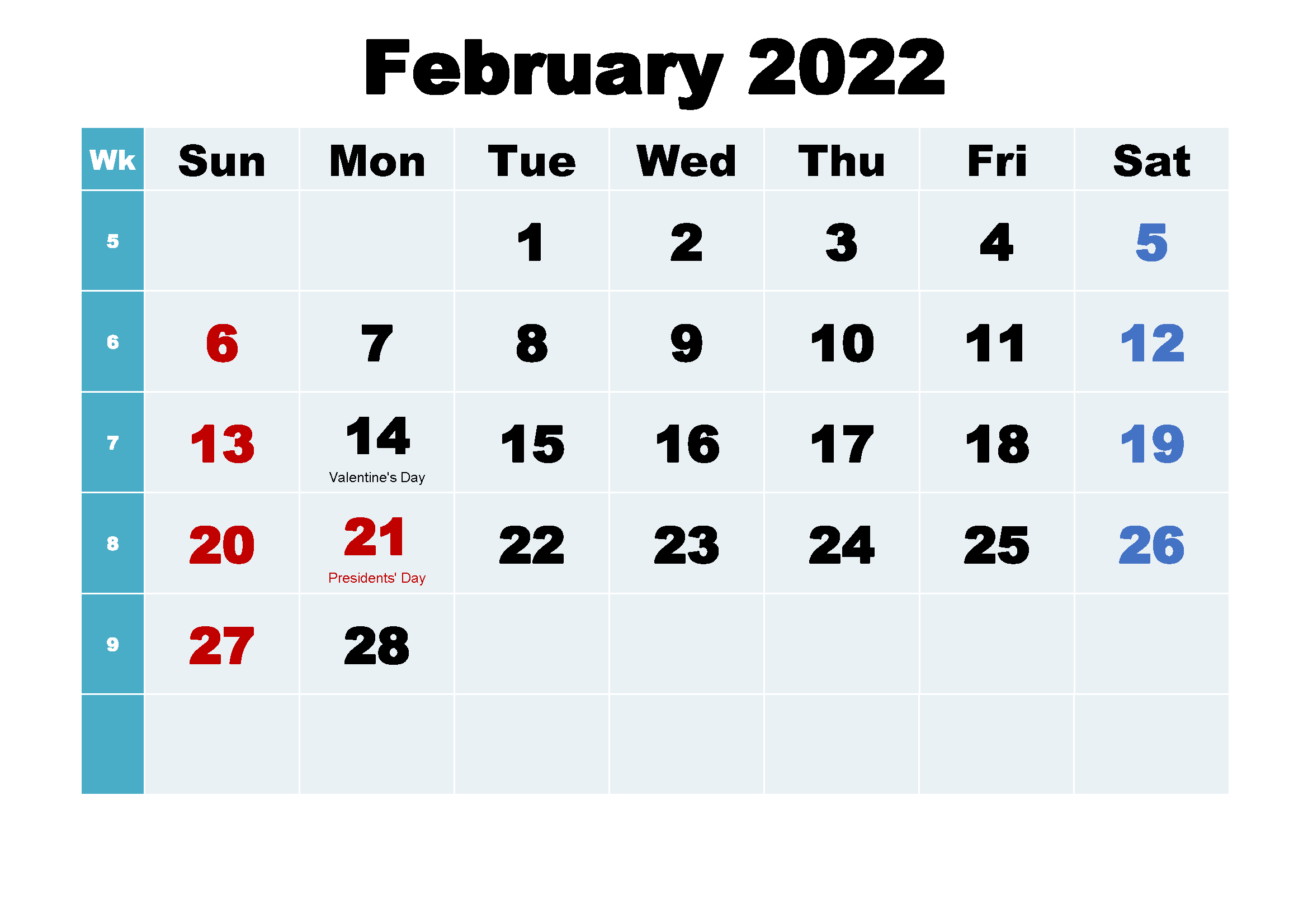 Calendar February 2022 Printable