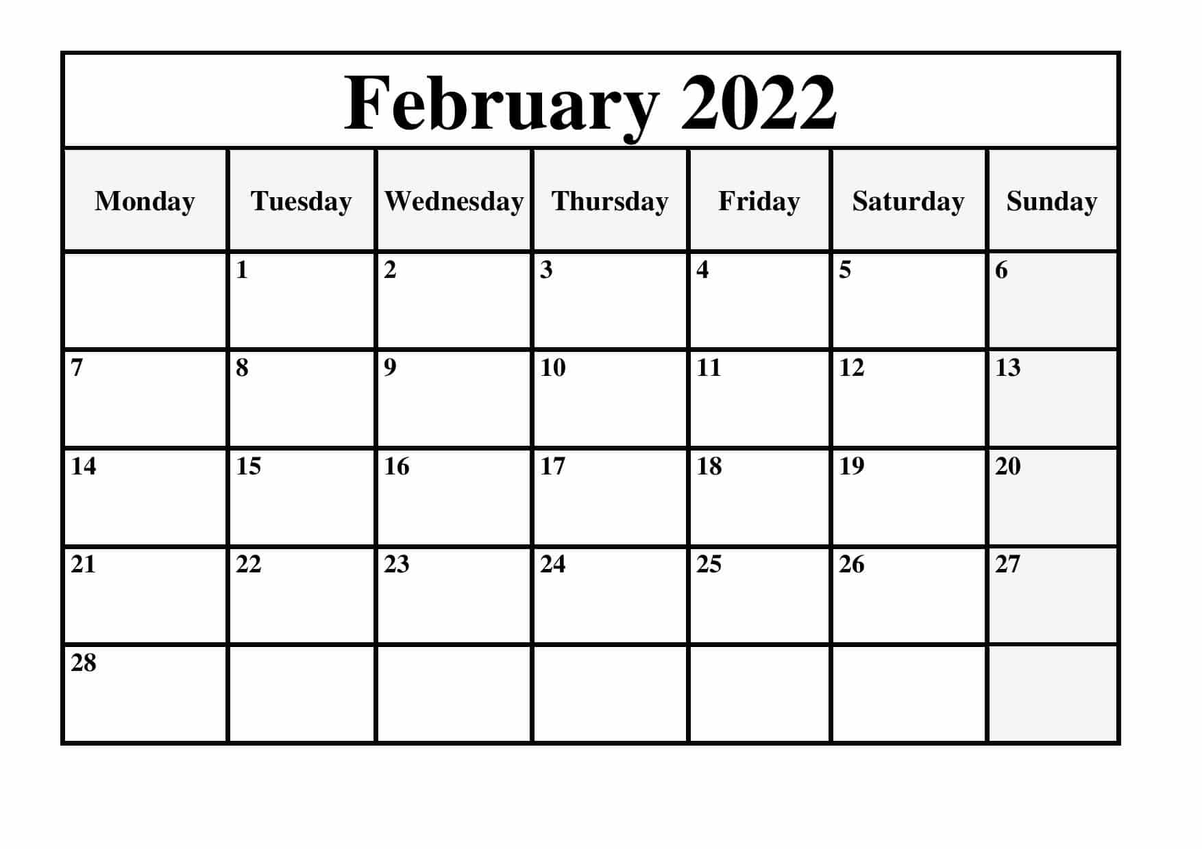 Calendar February 2022 With Holidays