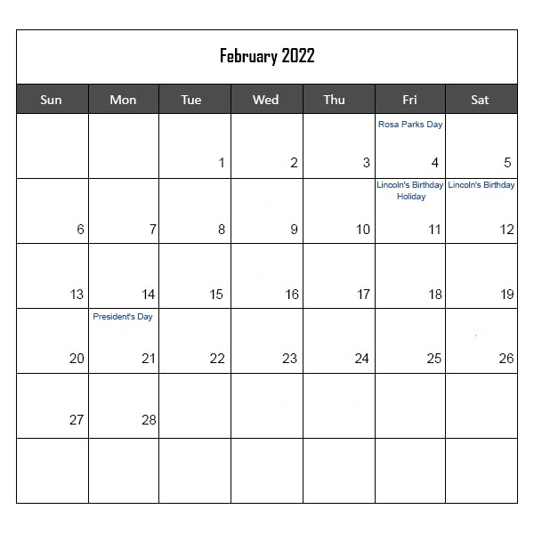 Calendar February and March 2022