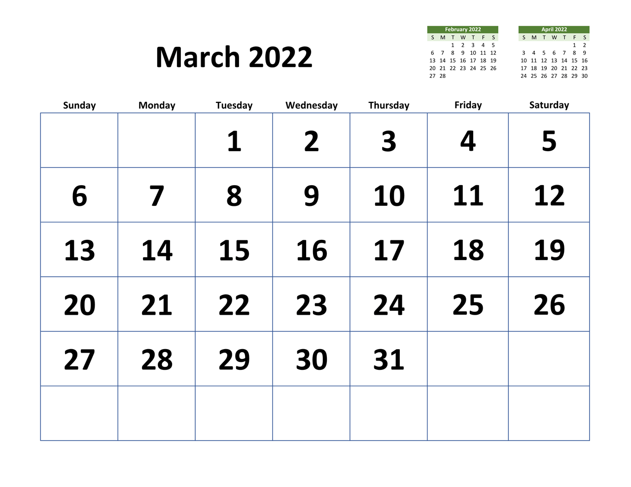 Calendar March 2022 With Holidays