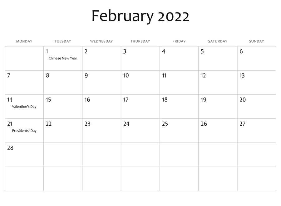 February 2022 Blank Calendar Pages