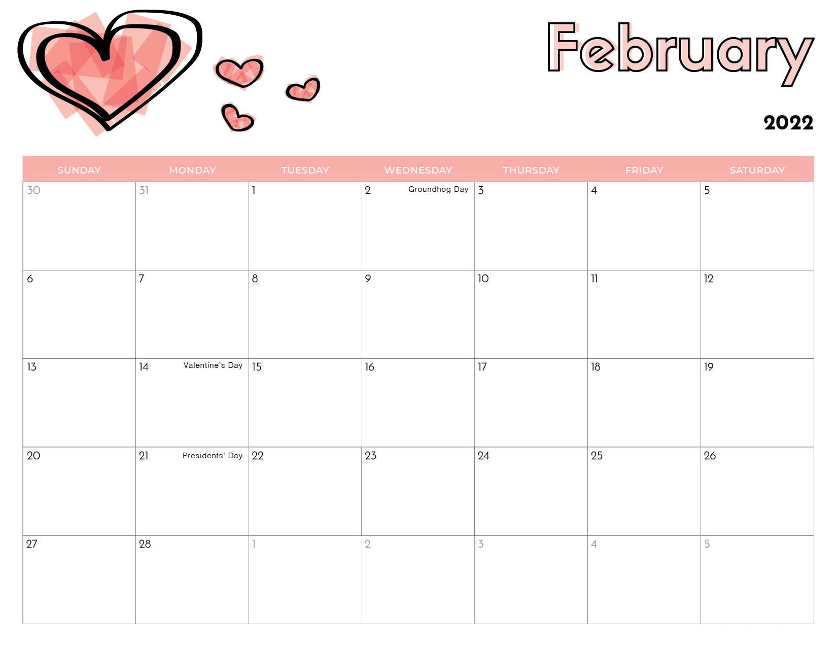 February 2022 Blank Calendar Printable