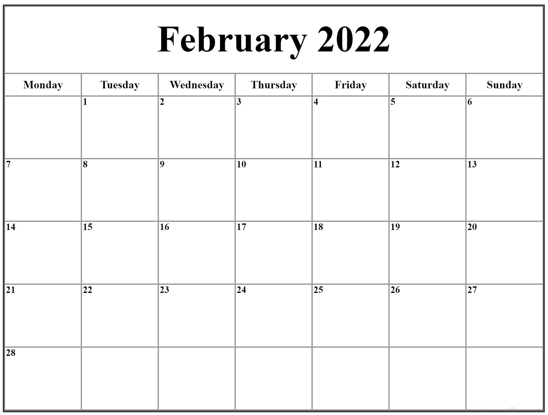 February 2022 Free Calendar Template