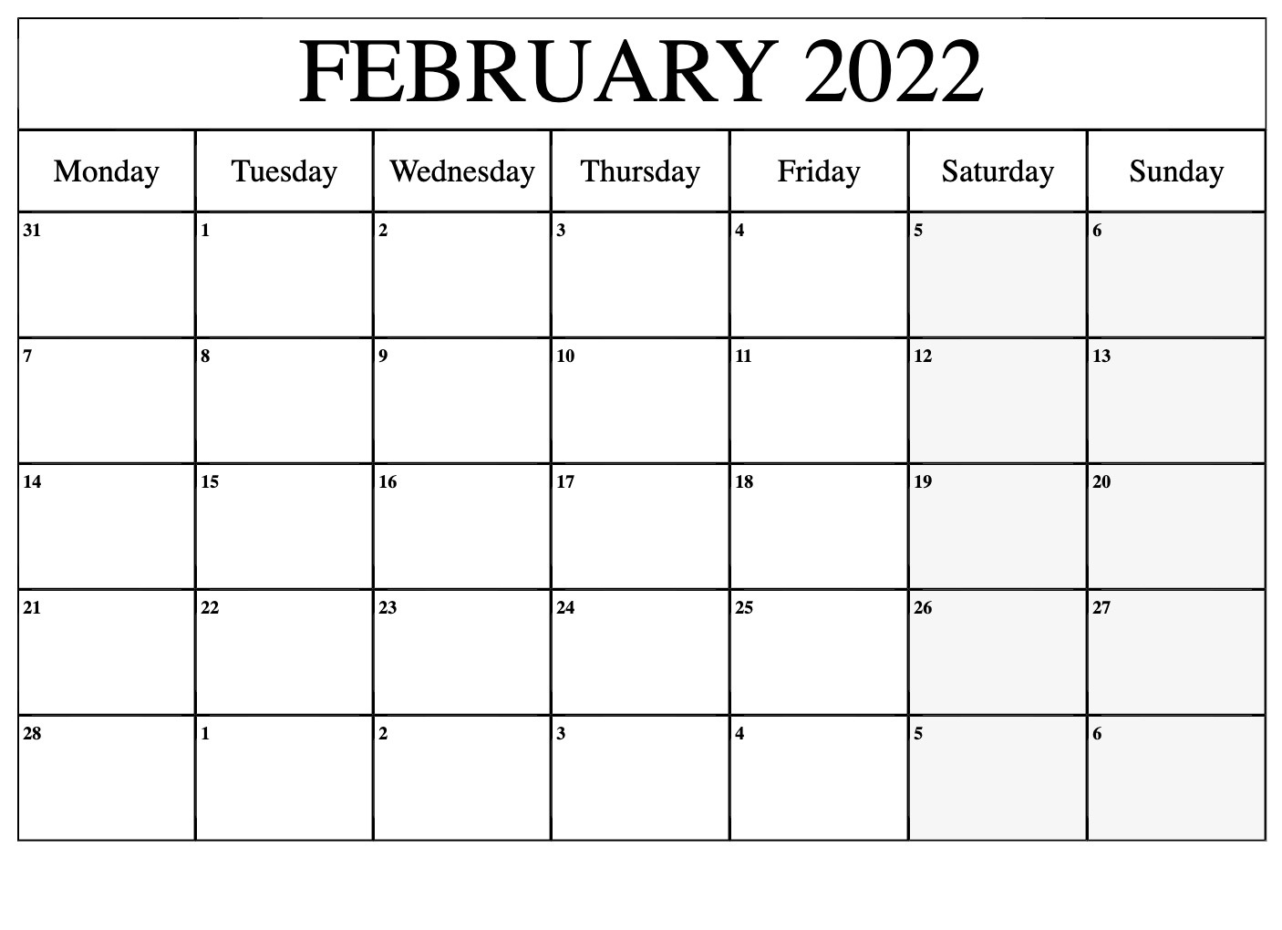 February 2022 Printable Calendar Cute Template