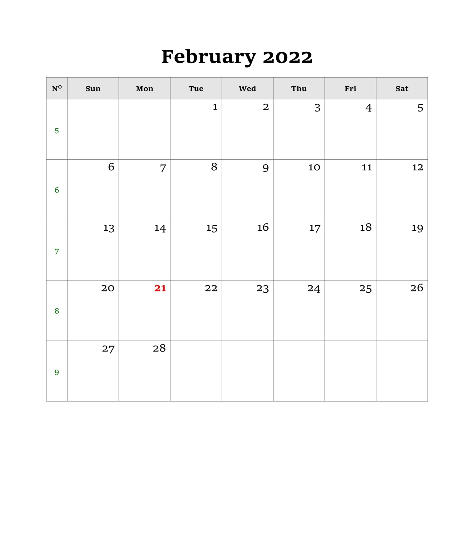 February 2022 Printable Monthly Calendar